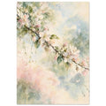 Flowering branch with pale pink and white blossom and green leaves against soft cream, blue and pink watercolour washes.