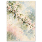 Flowering branch with pale pink and white blossom and green leaves against soft cream, blue and pink watercolour washes.