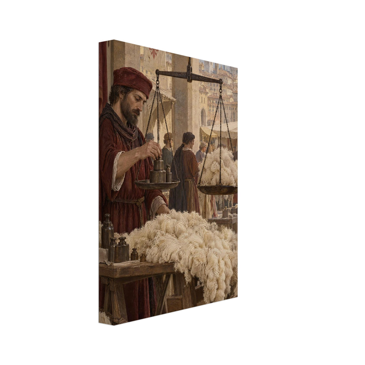 Wool merchant adjusting hanging scales beneath stone arches, with cream fleece and Florence's cathedral in the distance.