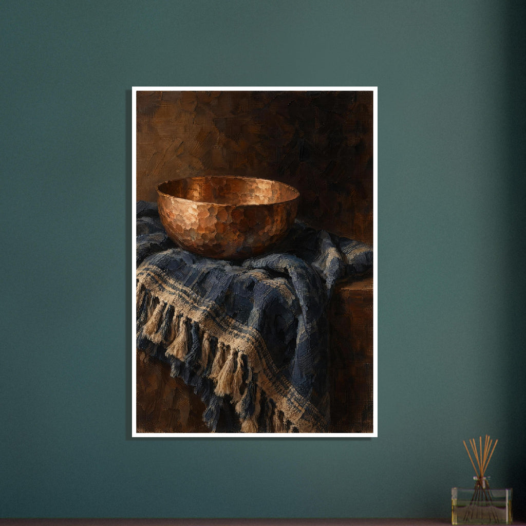 Hammered copper bowl on folded indigo cloth with cream stripes and tassels, painted against a dark brown background.