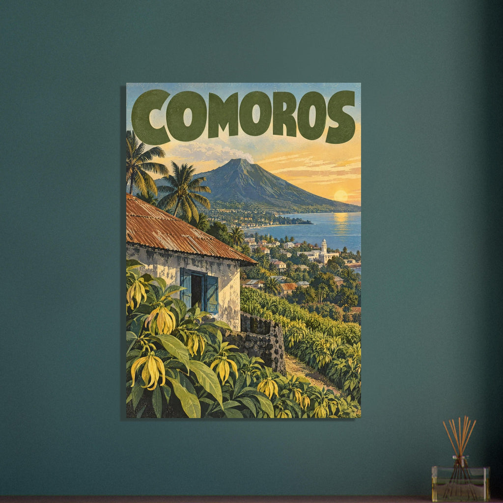 Comoros travel poster with a volcanic mountain, coastal town, palms and yellow flowers beneath a golden sky.