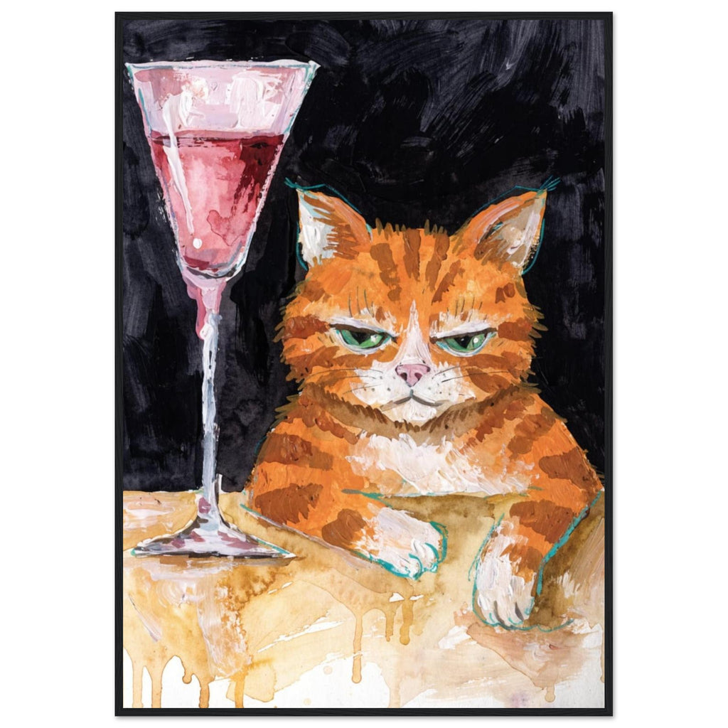 Ginger cat with green eyes resting its white paws on a golden table beside a tall glass of pink liquid, on black.