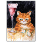 Ginger cat with green eyes resting its white paws on a golden table beside a tall glass of pink liquid, on black.