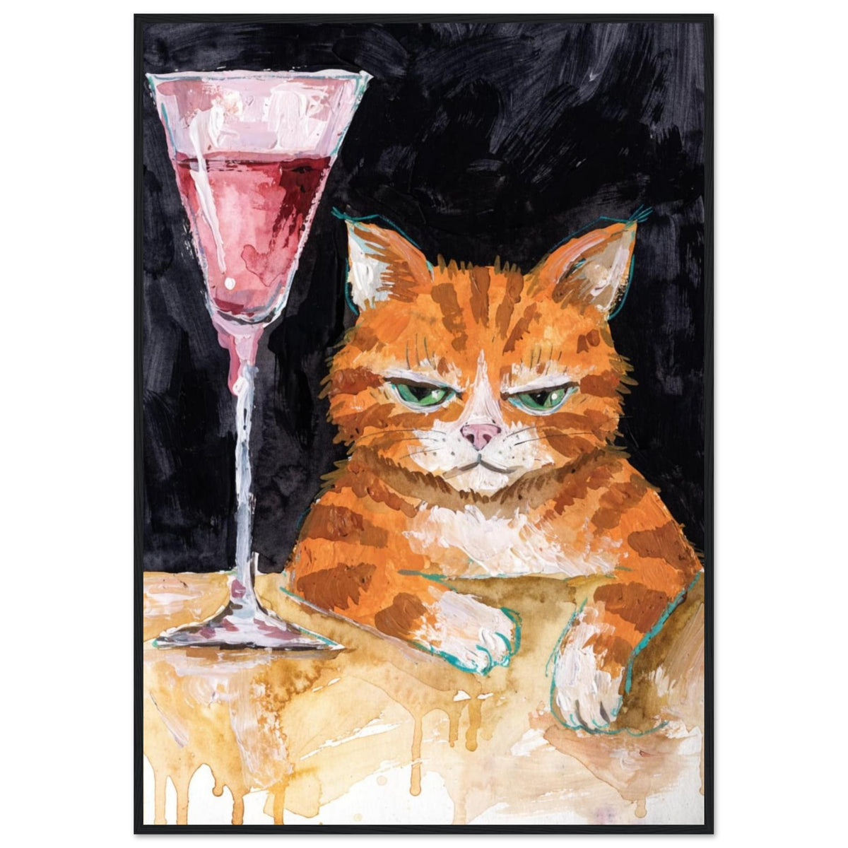 Ginger cat with green eyes resting its white paws on a golden table beside a tall glass of pink liquid, on black.