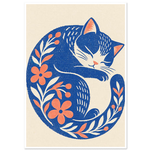 Blue sleeping cat curled into a crescent, decorated with coral flowers and leafy sprigs on a cream background.