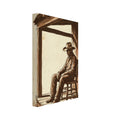 Cowboy in a wide-brimmed hat seated on a wooden porch, illustrated in brown on a distressed cream background.