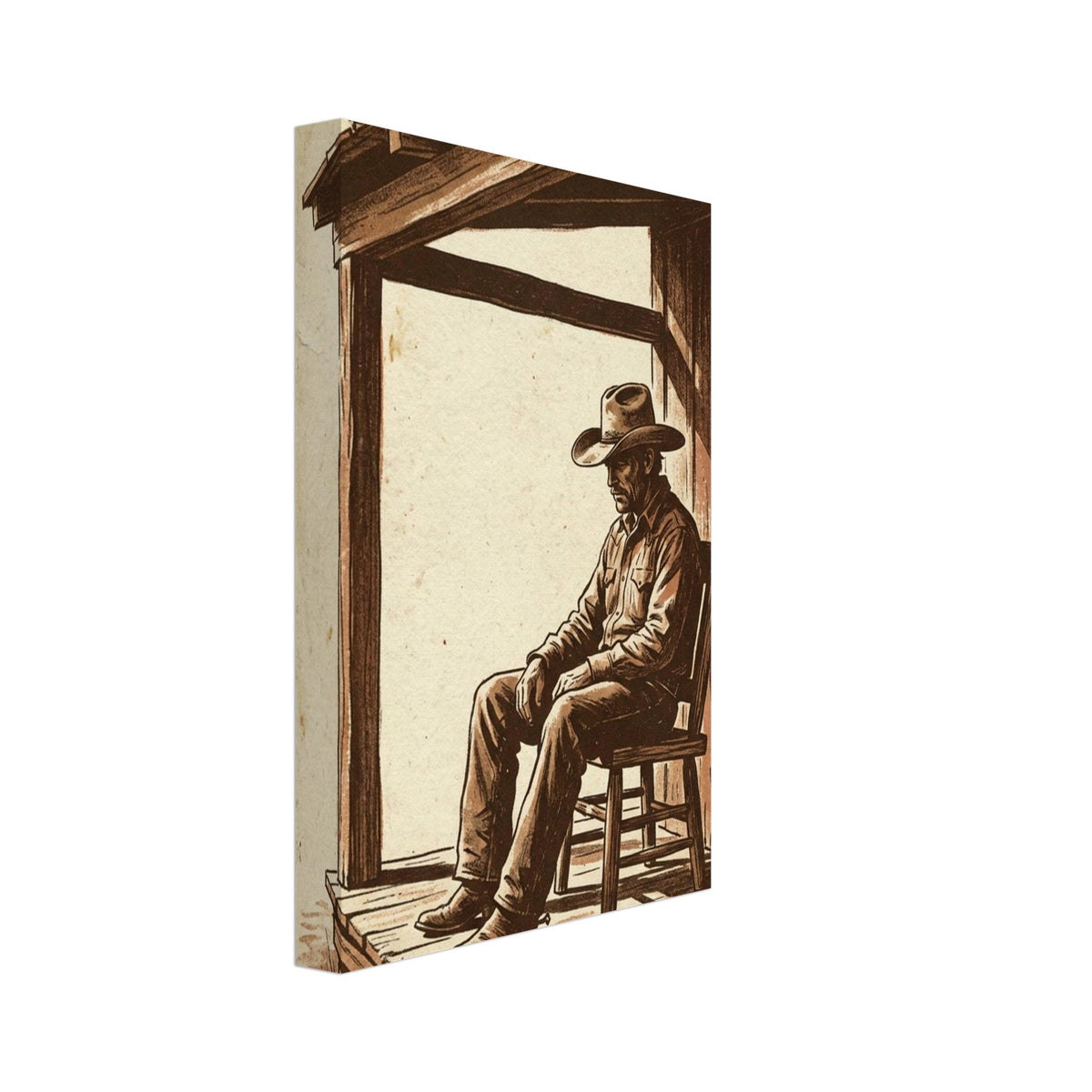 Cowboy in a wide-brimmed hat seated on a wooden porch, illustrated in brown on a distressed cream background.