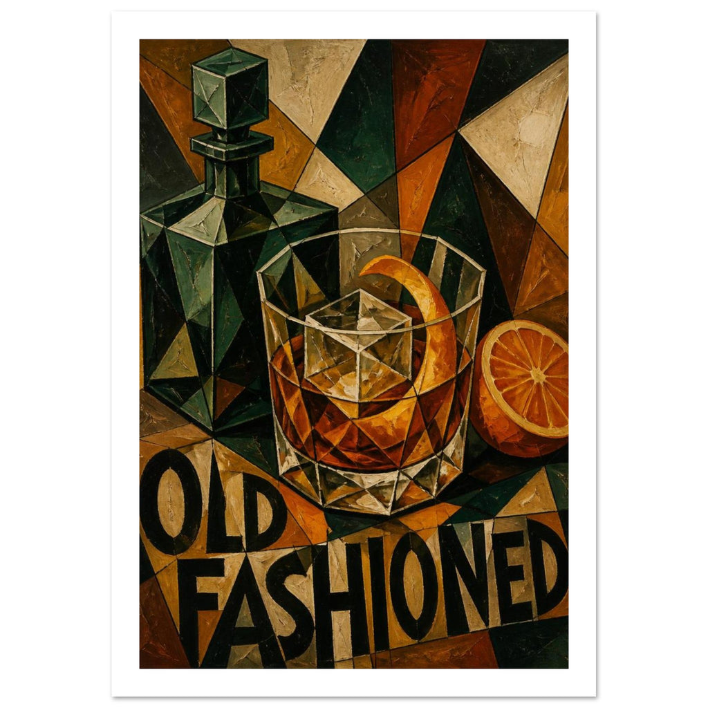 Cubist Old Fashioned cocktail with ice and orange peel, a green decanter, halved orange and bold lettering.