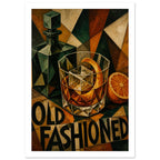 Cubist Old Fashioned cocktail with ice and orange peel, a green decanter, halved orange and bold lettering.