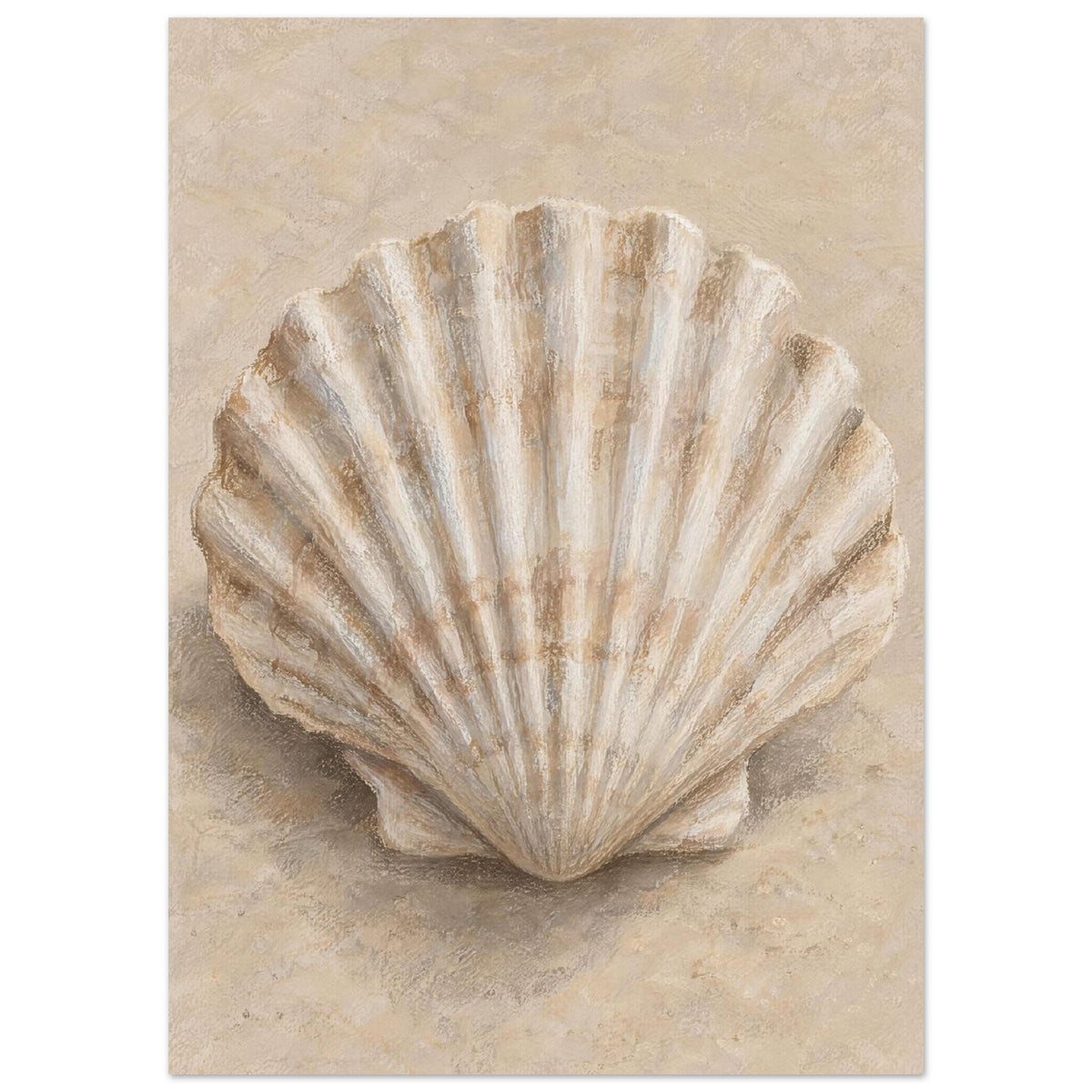 Fan-shaped scallop shell with cream ridges and brown shading on a softly textured beige background.
