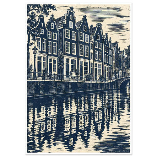 Gabled canal houses in navy and cream, with a street lamp, bicycles, an arched bridge and rippling reflections.