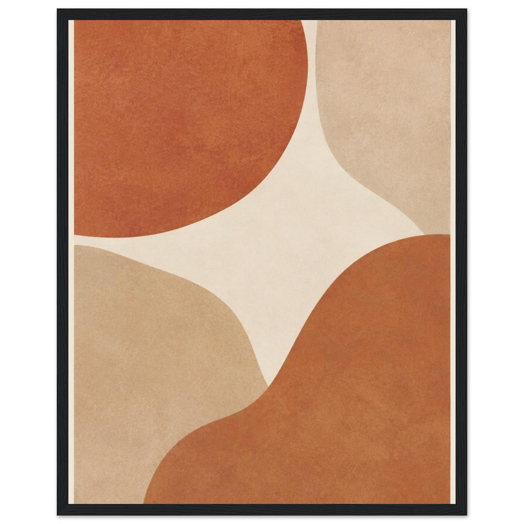 Abstract burnt orange and beige curved shapes on a cream background, with mottled texture and a narrow cream border.