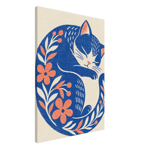 Blue sleeping cat curled into a crescent, decorated with coral flowers and leafy sprigs on a cream background.