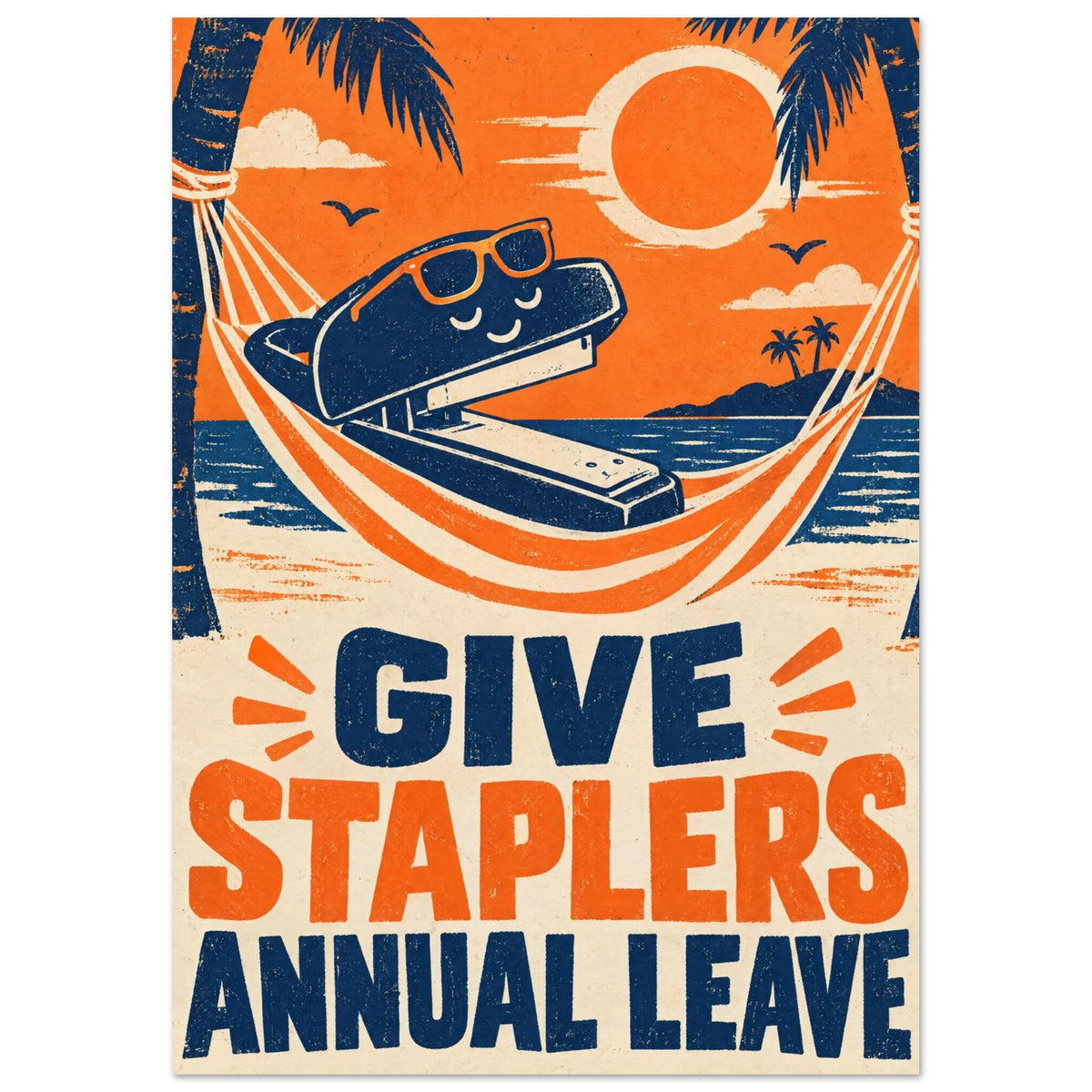 Stapler wearing sunglasses in a hammock between palms, with orange sun and text reading “Give Staplers Annual Leave”.