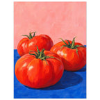 Three red tomatoes with green stems on a vivid blue surface against a pink background, painted with broad brushstrokes.