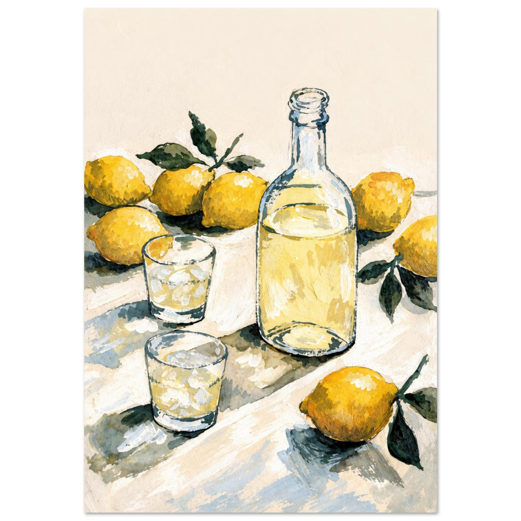 Yellow lemons with green leaves surround a clear bottle and two glasses of pale yellow liquid on a cream tabletop.