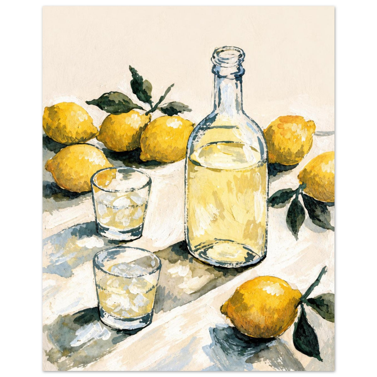 Yellow lemons with green leaves surround a clear bottle and two glasses of pale yellow liquid on a cream tabletop.