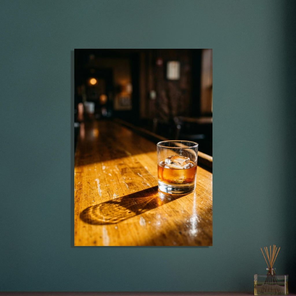 Tumbler of amber drink with ice on a sunlit wooden bar, casting a long shadow against a dark, blurred interior.
