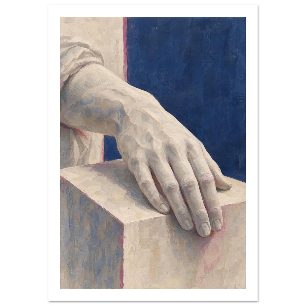 Pale painted hand resting on a rectangular block, with draped fabric at the wrist and a deep blue background.