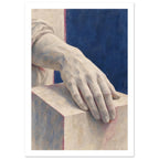 Pale painted hand resting on a rectangular block, with draped fabric at the wrist and a deep blue background.