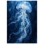 Pale blue jellyfish with a translucent bell and long, rippling tentacles against a deep blue watercolour background.