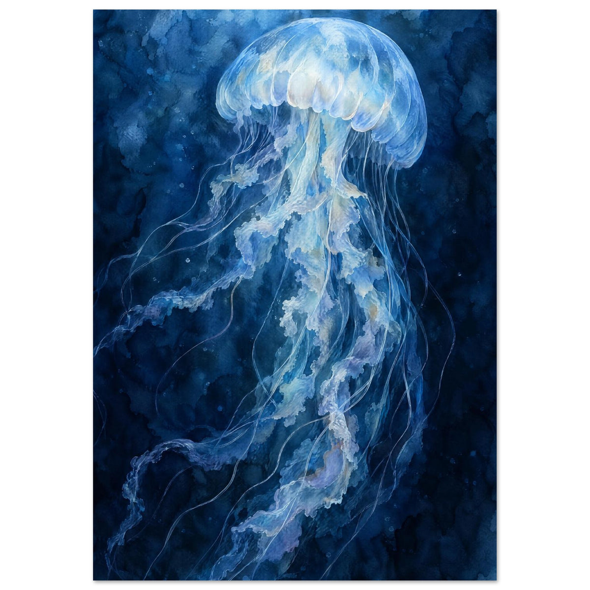 Pale blue jellyfish with a translucent bell and long, rippling tentacles against a deep blue watercolour background.