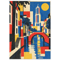 Geometric canal scene with a red arched bridge, blue water, cream tower, dark trees and yellow sun in a textured finish.