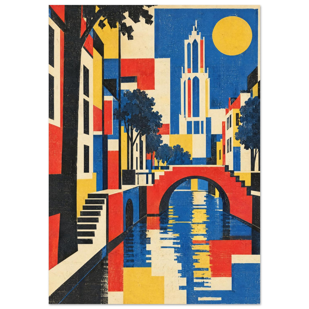 Geometric canal scene with a red arched bridge, blue water, cream tower, dark trees and yellow sun in a textured finish.