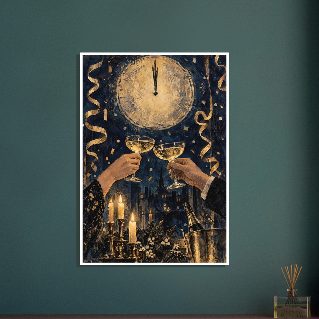 Two hands raising champagne coupes beneath a gold clock, with streamers, candles and a bottle against a dark navy skyline.