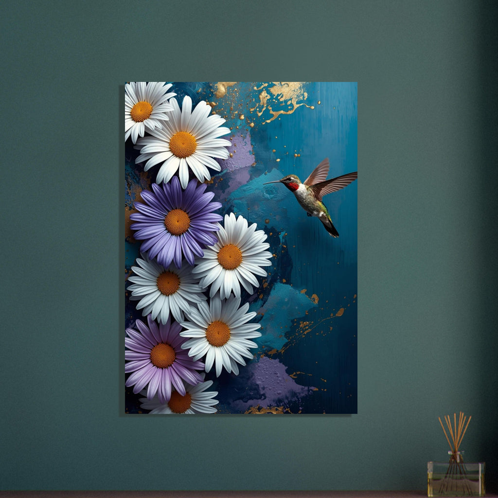 White and purple daisies beside a hovering hummingbird on a textured teal background with gold-coloured splashes.