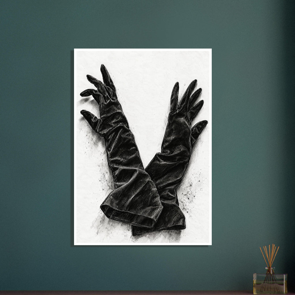 Two long black gloves crossed at the cuffs, with spread fingers and detailed folds against a pale textured background.