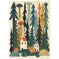 Stylised teal, green, mustard and charcoal trees surround two cream houses and an orange fox on a cream background.