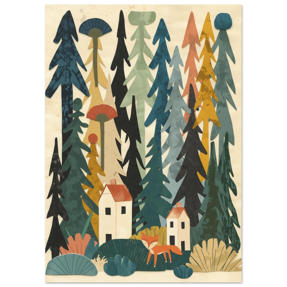 Stylised teal, green, mustard and charcoal trees surround two cream houses and an orange fox on a cream background.