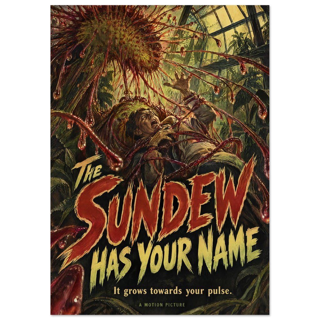 Giant sundew traps a terrified figure in red tendrils inside a greenhouse, above lettering reading The Sundew Has Your Name.