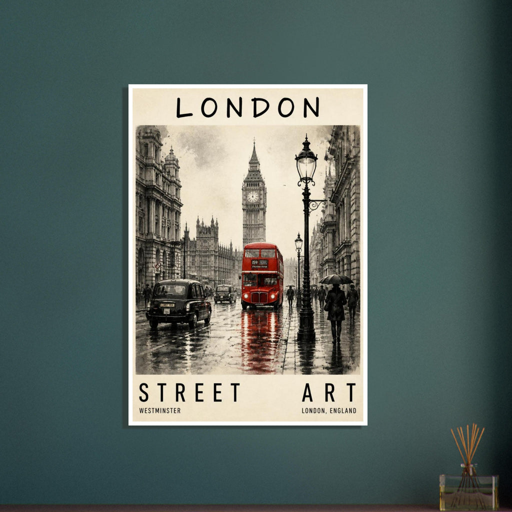 Red double-decker bus and black taxis on a wet street beneath Big Ben, with pedestrians and a cream London text border.