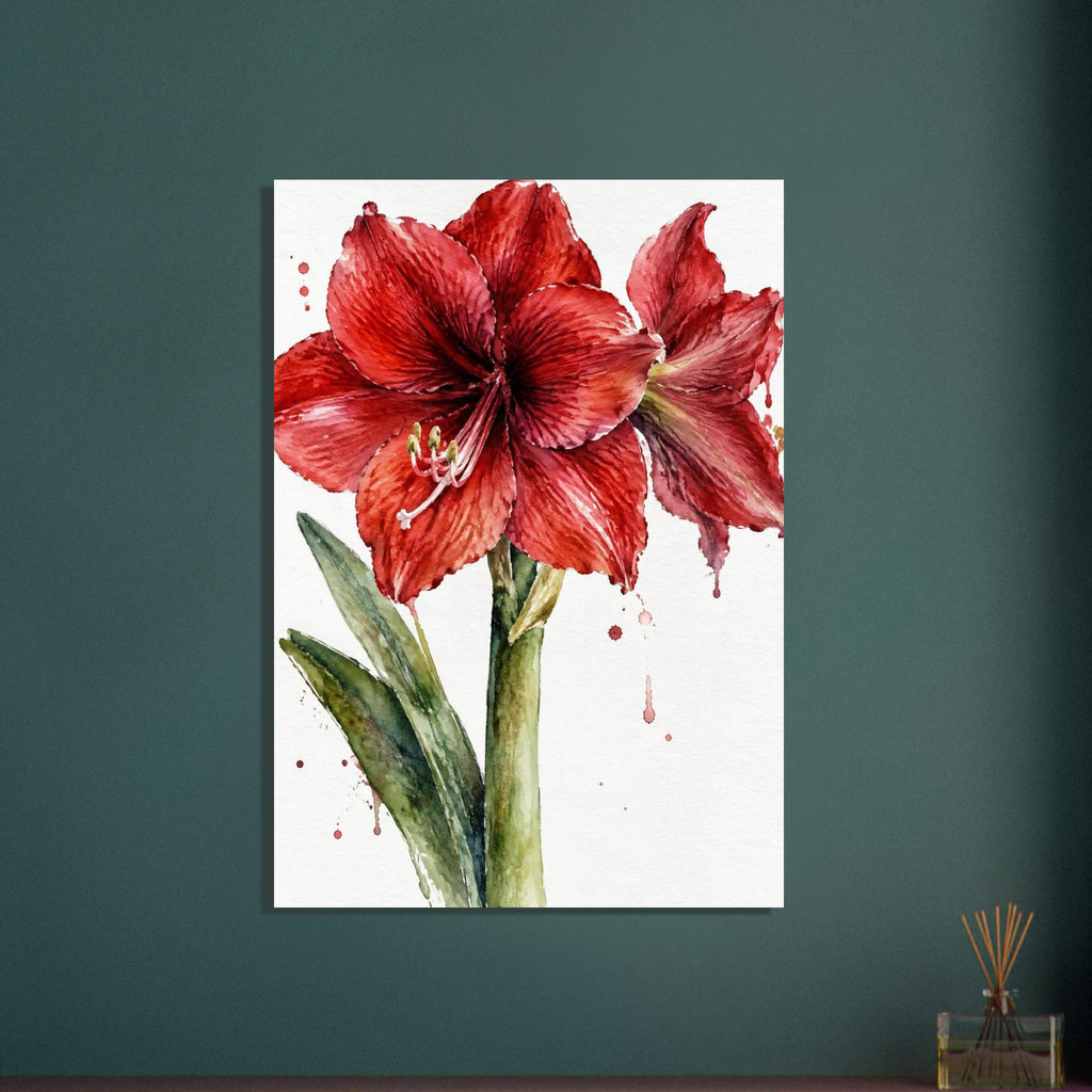 Watercolour painting of a red amaryllis in full bloom with green leaves