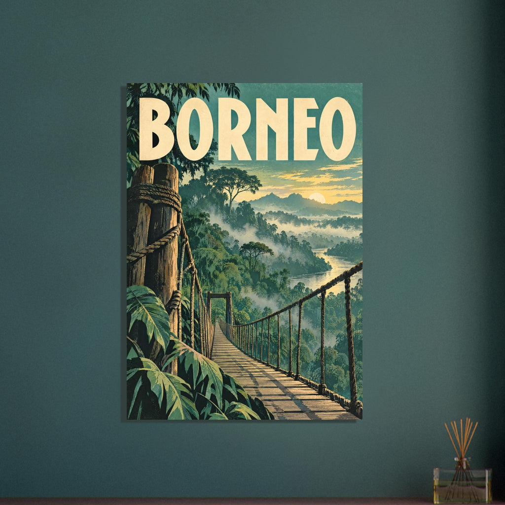 Borneo travel poster with a rope suspension bridge above misty rainforest, a winding river, distant mountains and a low sun.