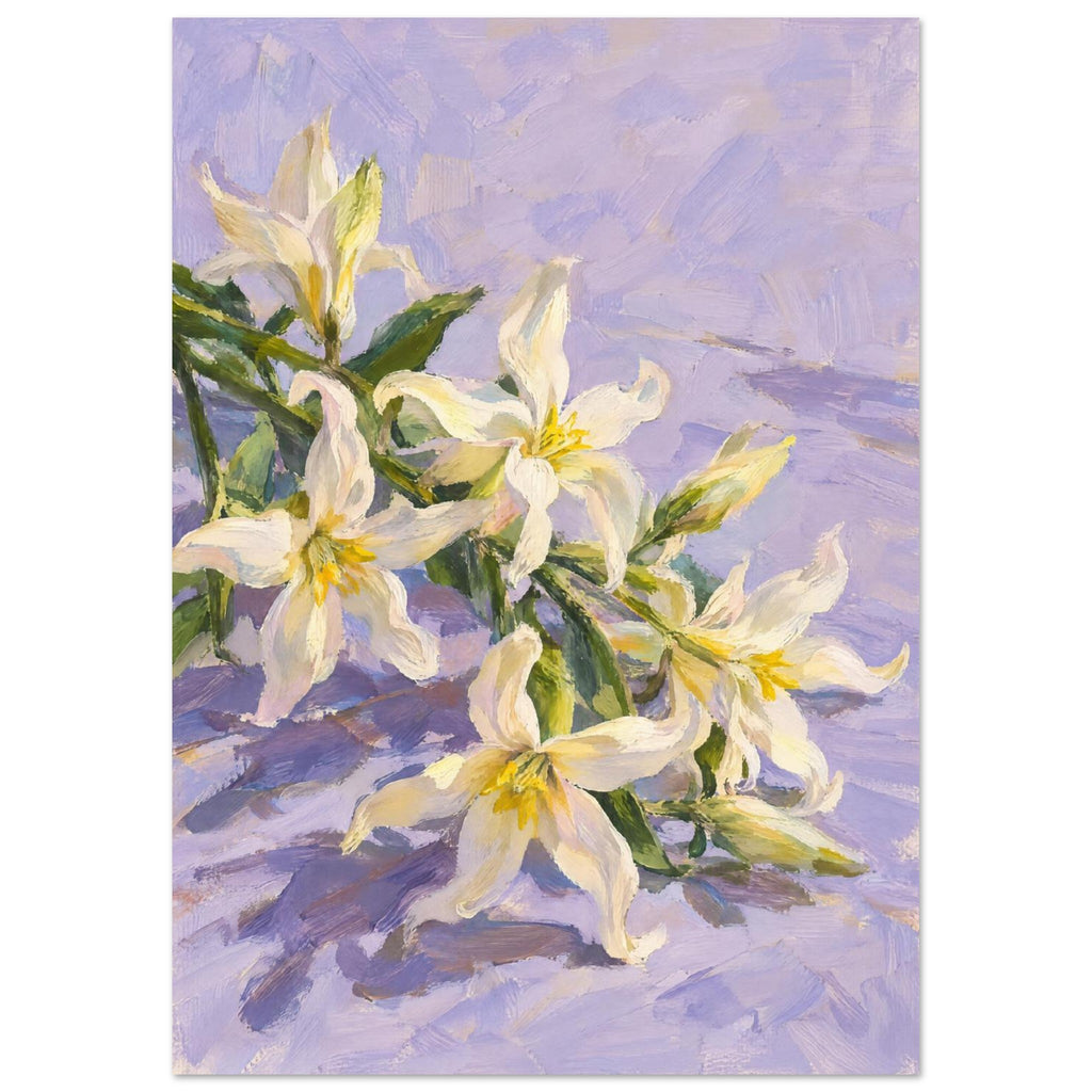 White lilies with yellow centres, green leaves and buds arranged diagonally across a textured lilac background.