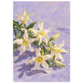 White lilies with yellow centres, green leaves and buds arranged diagonally across a textured lilac background.
