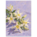 White lilies with yellow centres, green leaves and buds arranged diagonally across a textured lilac background.