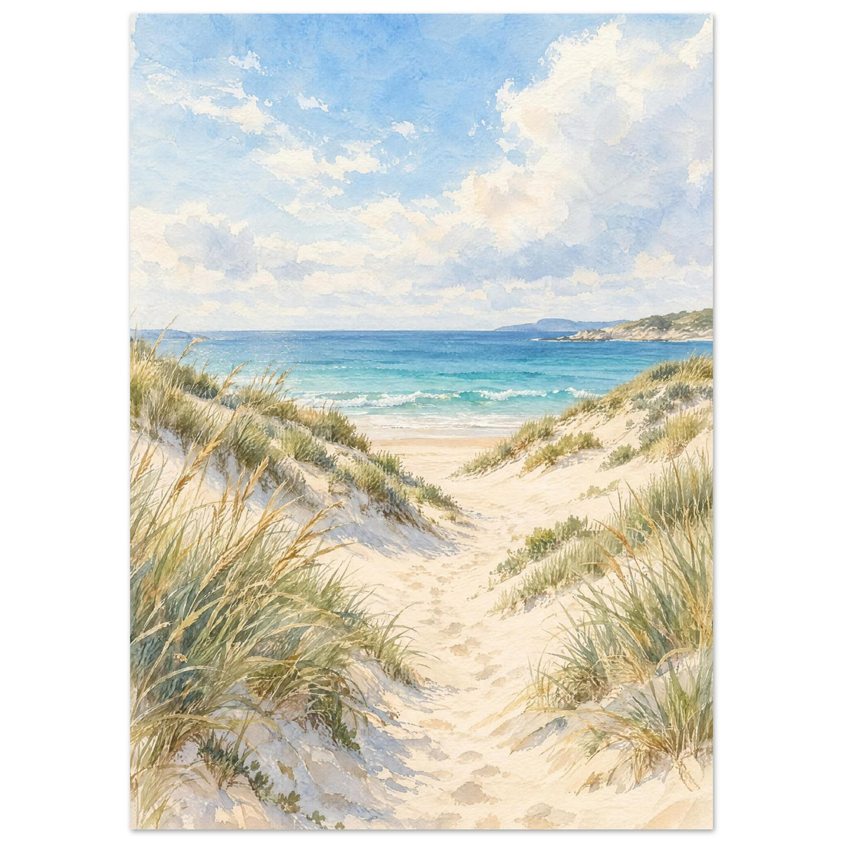 Sand dunes with grasses and footprints leading to turquoise waves beneath a blue sky with soft white clouds.