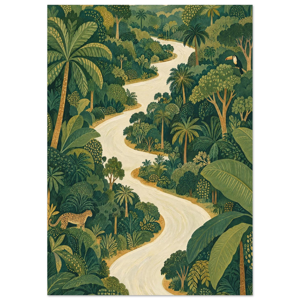 Cream river winding through dense green jungle with palms, broad leaves, a toucan and a spotted wild cat.