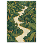 Cream river winding through dense green jungle with palms, broad leaves, a toucan and a spotted wild cat.