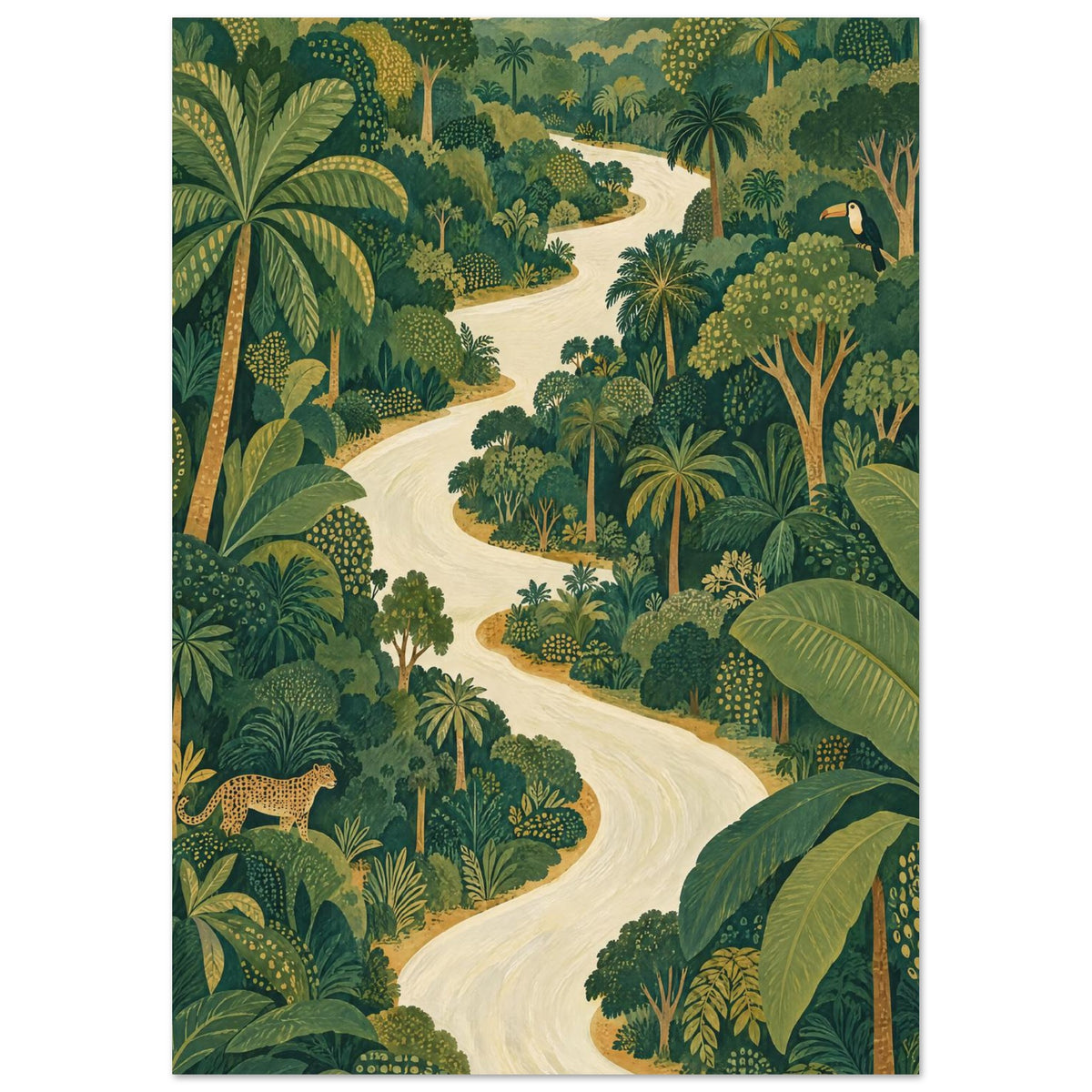 Cream river winding through dense green jungle with palms, broad leaves, a toucan and a spotted wild cat.