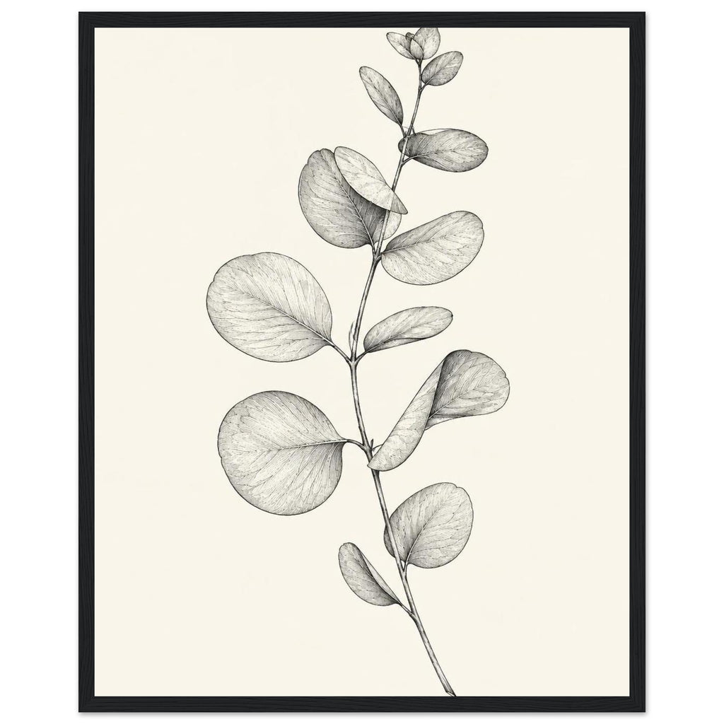 Eucalyptus stem with rounded leaves, fine veins and shaded folds drawn in black and grey on a cream background.