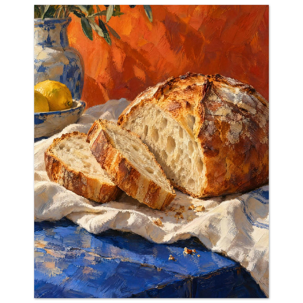 Sliced crusty loaf on cream cloth over a blue table, with lemons, pottery and olive branches against an orange backdrop.