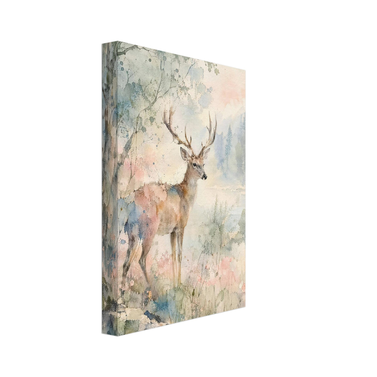 Antlered deer beside a tree and water, with misty conifers and loose watercolour washes of green, blue and pink.