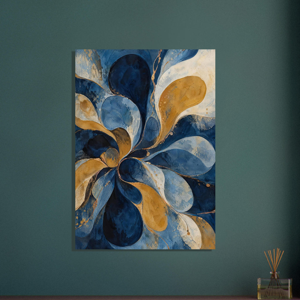 Abstract petal-like swirls in navy, pale blue, ochre and cream, with textured surfaces and fine golden-toned outlines.