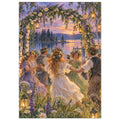 Flower-crowned dancers holding hands beneath a floral arch with lanterns, beside a lake at sunset.