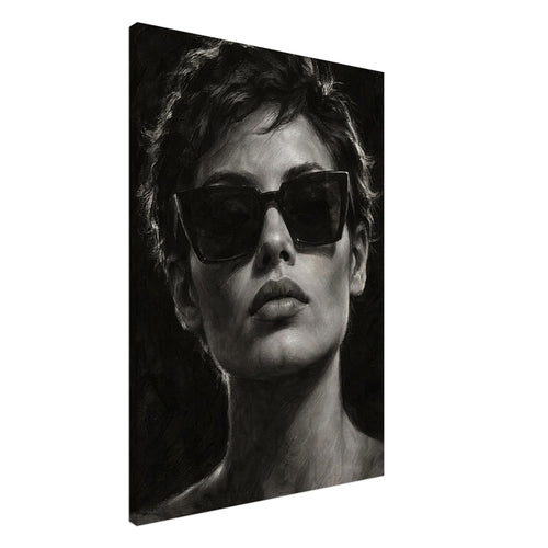Behind the Sunglasses, a tightly cropped frontal face wearing large geometric sunglasses, with rim-lit short hair against bla